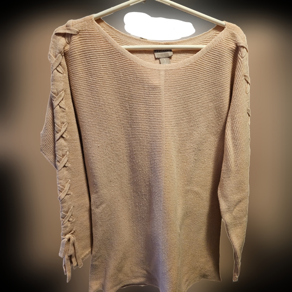 Blush pink color 3/4 length sleeve ribbed sweater with braid tie detail sleeves